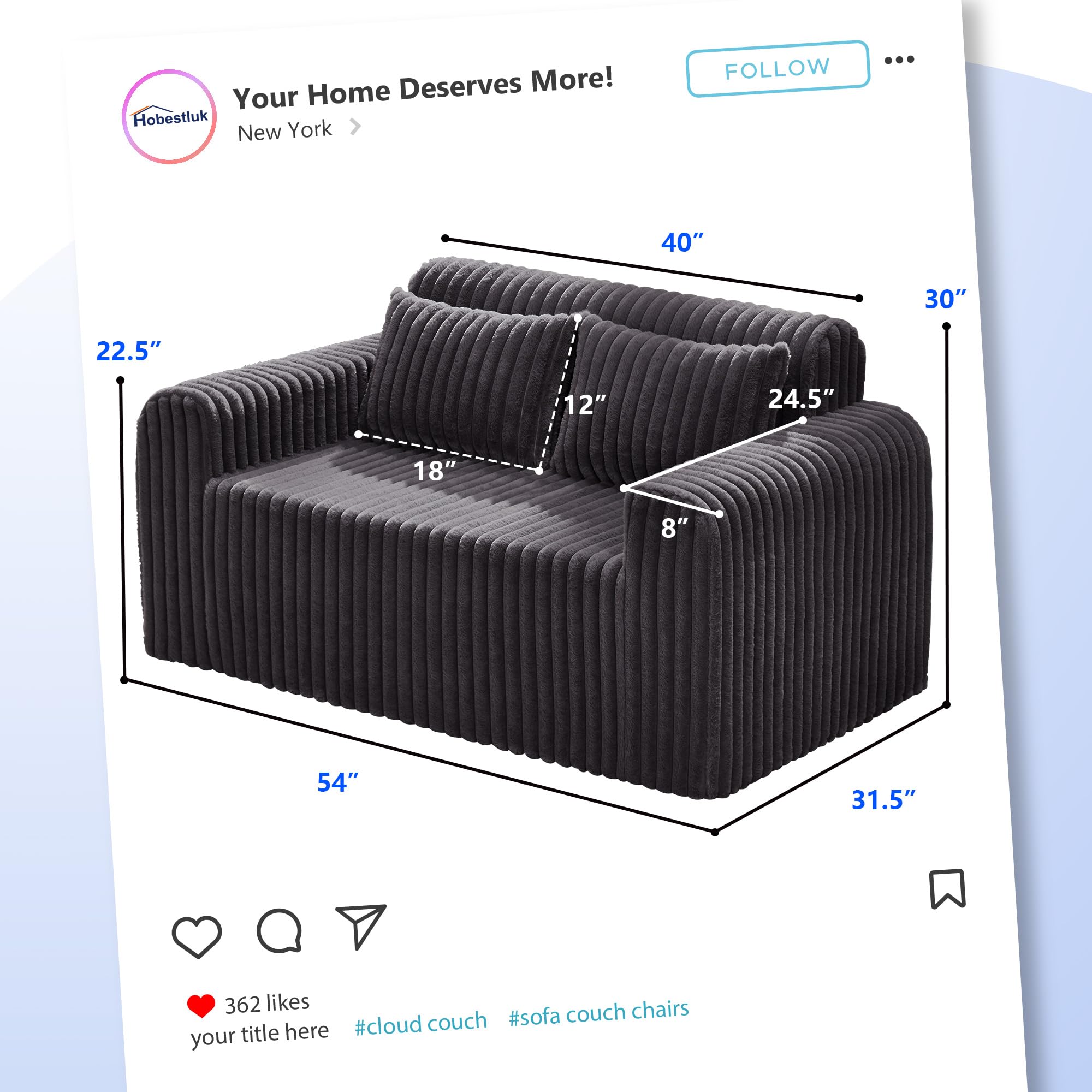 Hobestluk Single Sofa Foam Couch Sofa for Small Spaces Comfy Sofas with Removable Cover Furry Couch with Pillows for Living Room, Bedroom, Apartment, Office (Black, Standard)