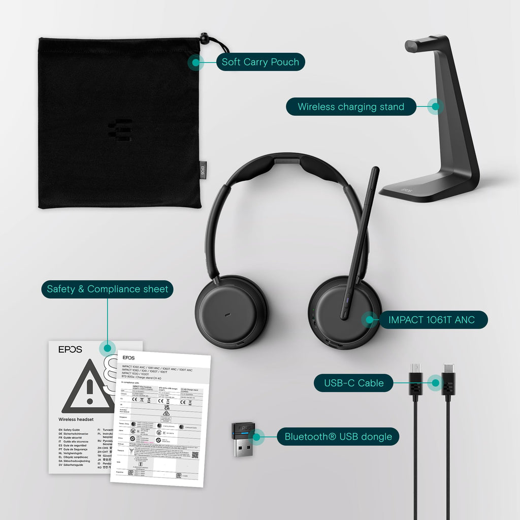 EPOS Impact 1061 ANC High-Performance Bluetooth Headset for PC - Double-Sided, Advanced Noise Cancellation, EPOS AI, Super Wideband Audio, Intuitive Controls, for Professionals in Loud Workspaces