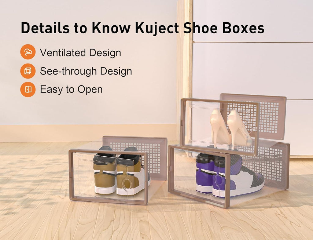 Kuject X-Large Shoe Storage Boxes Organizers for Closet 12 Pack, Fit Size 11,Clear Plastic Stackable Sneaker Containers for Entryway, Dark Brown