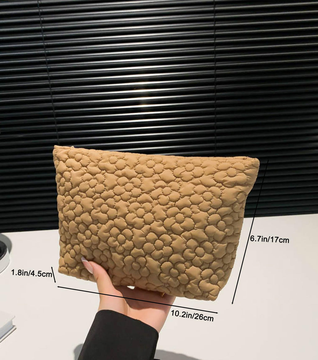 Puffy Quilted Makeup Bag for Women, Cosmetic Bag, Travel Toiletry Organizer Pouch Clutch (Black Flowers)