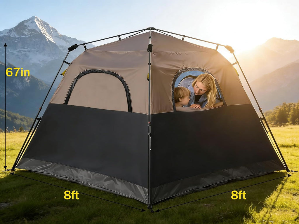 3/4 Person Camping Tent with 1 Door, 4 Windows, and Upgraded Ventilation– Instant Setup, Waterproof, 8'x 8'x 67''Oxford Fabric Floor Pop Up in 60 Seconds Includes Rainfly and Backpack