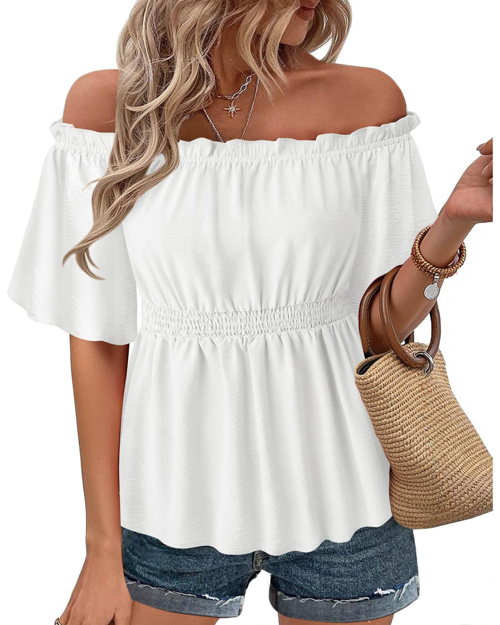 Bebonnie Women's Summer Sexy Off The Shoulder Peplum Tops Ruffle Sleeve Dressy Blouses