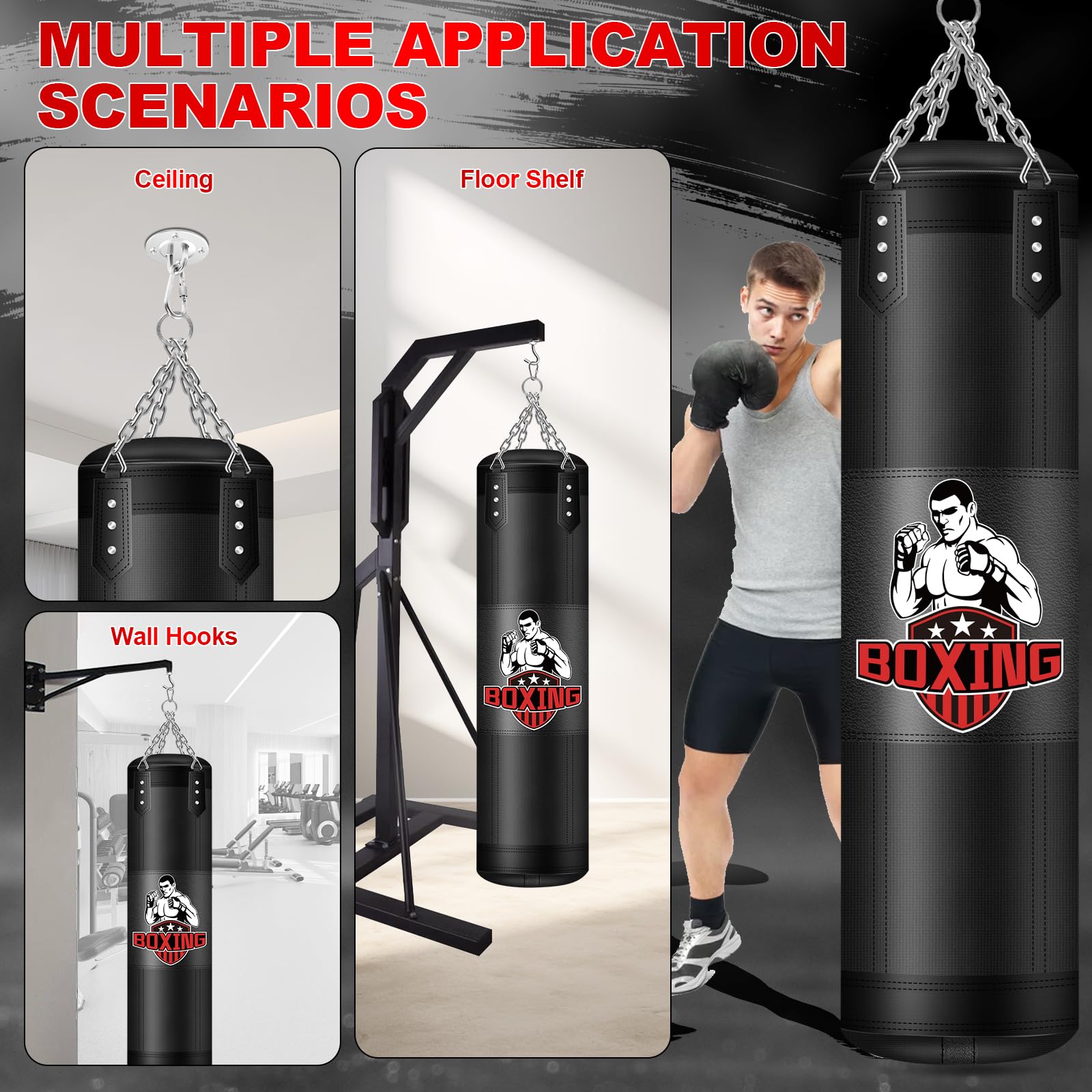YORWHIN Punching Bag for Adults, 4FT PU Heavy Boxing Bags with Chain Ceiling Hook, Hanging Boxing Bag for Kickboxing Muay Thai Karate Judo Taekwondo Home Gym Training, Unfilled
