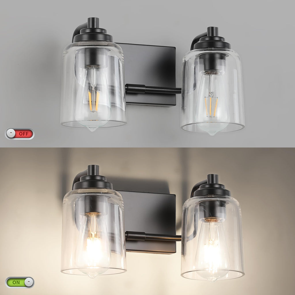 SOLFART 20.1 Inch Black Vintage Bathroom Vanity Light Fixtures Fixtures with Modern Glass Globe Shade Metal Brass Wall Lamp 2 Lights