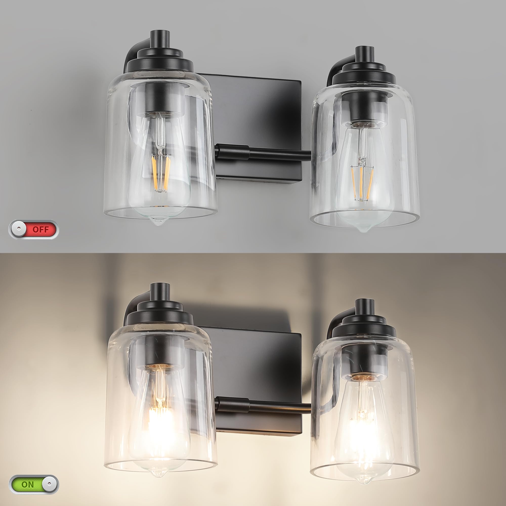 SOLFART 20.1 Inch Black Vintage Bathroom Vanity Light Fixtures Fixtures with Modern Glass Globe Shade Metal Brass Wall Lamp 2 Lights