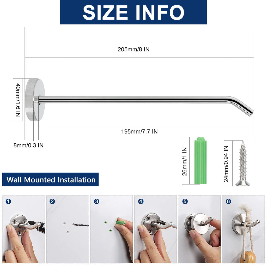 NearMoon Coat Hooks, Wall Mount Hooks for Hanging Hat Hurse Robe, 304 Stainless Steel Heavy Duty Towel Hangers for Bathroom Livingroom Kitchen-Ceiling Hook, 6 Pack (2 Inch, Brushed Nickel)
