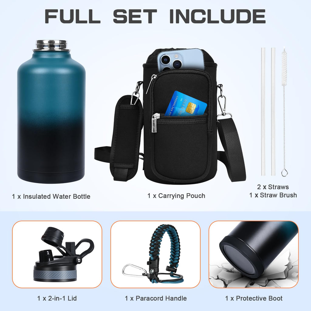 GAZLEMHO 40 oz Insulated Water Bottle with Straw& Spout 2-in-1 Lid, Triple Wall Vacuum Stainless Steel Cold 48H, Leak Proof Sports Metal Flask Jug with Paracord Handle, Black