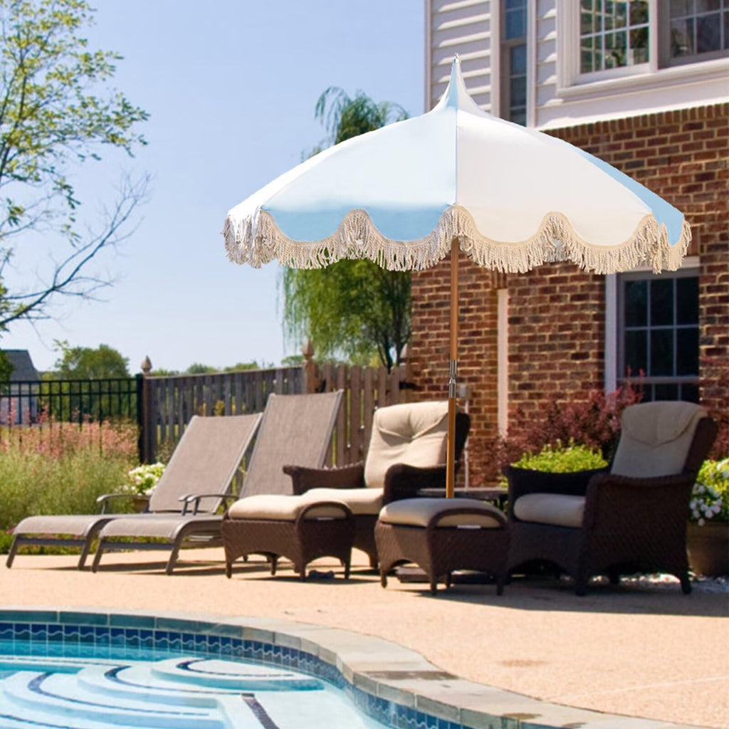 6.5ft Pagoda Beach Umbrella with Fringe, UPF 50+ Boho Umbrellas with Carry Bag, Premium Wood Pole Foldable Tassel Umbrella for Outdoor Garden Lawn Pool Yard Table