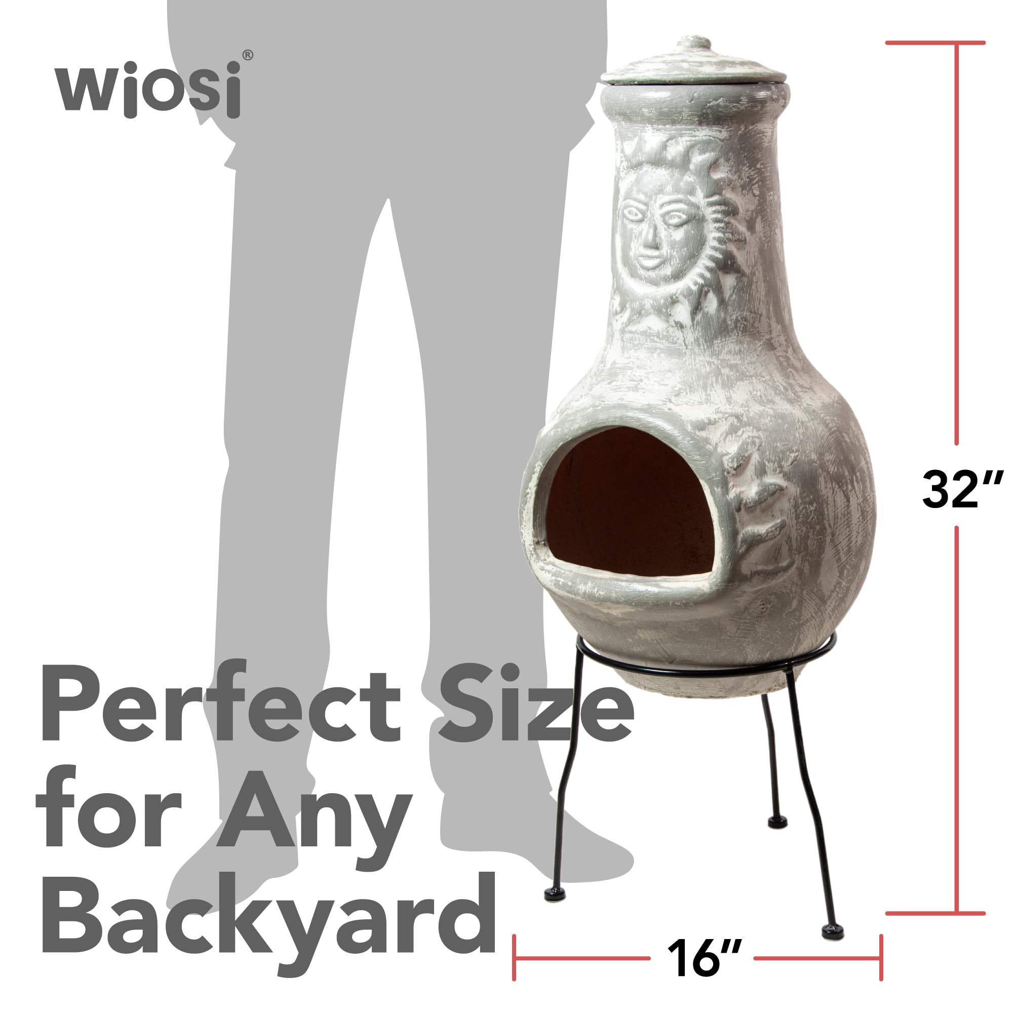 Wiosi Medium 𝗖𝗵𝗶𝗺𝗶𝗻𝗲𝗮 Outdoor Fireplace for Patio Clay Chimineas with Chimney Rain Lids and Solid Metal Stands - Yellow Terracotta Chimenea - Rustic Wooden Fire Pit Chimnea 16 x 16 x 32-inch