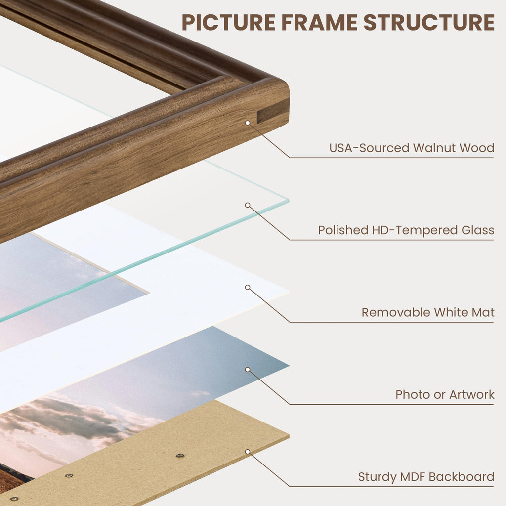 Fun Memories 5x7 Picture Frame with Mat for 4x6 Photo, Solid Elm Wood & Tempered Glass, Rustic Wall & Tabletop Display Frame, Grey, 1 Pack