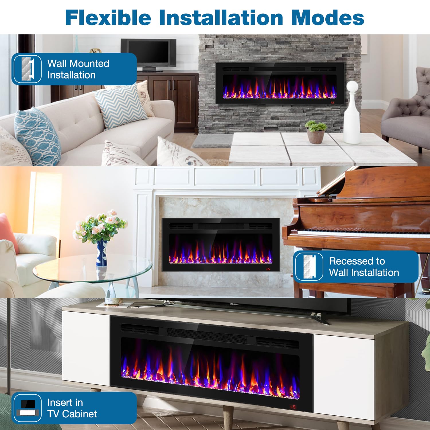 31 Inch Electric Fireplace Recessed and Wall Mounted, Fireplace Heater and Linear Fireplace, Ultra-Thin Electric Fireplace, Low Noise, with Timer, Remote Control, Adjustable 12 Flame Color, 750/1500W