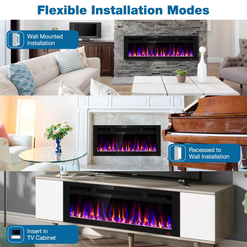 31 Inch Electric Fireplace Recessed and Wall Mounted, Fireplace Heater and Linear Fireplace, Ultra-Thin Electric Fireplace, Low Noise, with Timer, Remote Control, Adjustable 12 Flame Color, 750/1500W