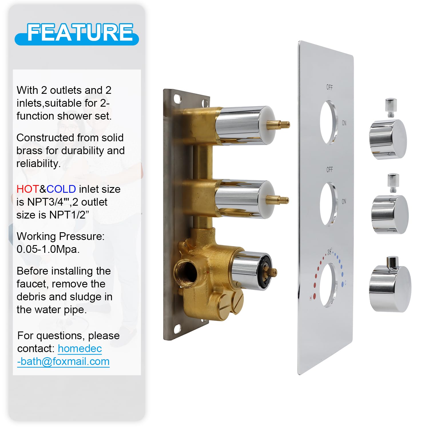 HOMEDEC 2 Way Shower Diverter Valve Brass Dual Functions Thermostatic Shower Mixing Valve Kit 3 Handle Flow Control Valve, 3/4 Inch Inlet, Can Use All Options At a Time, Matte Black