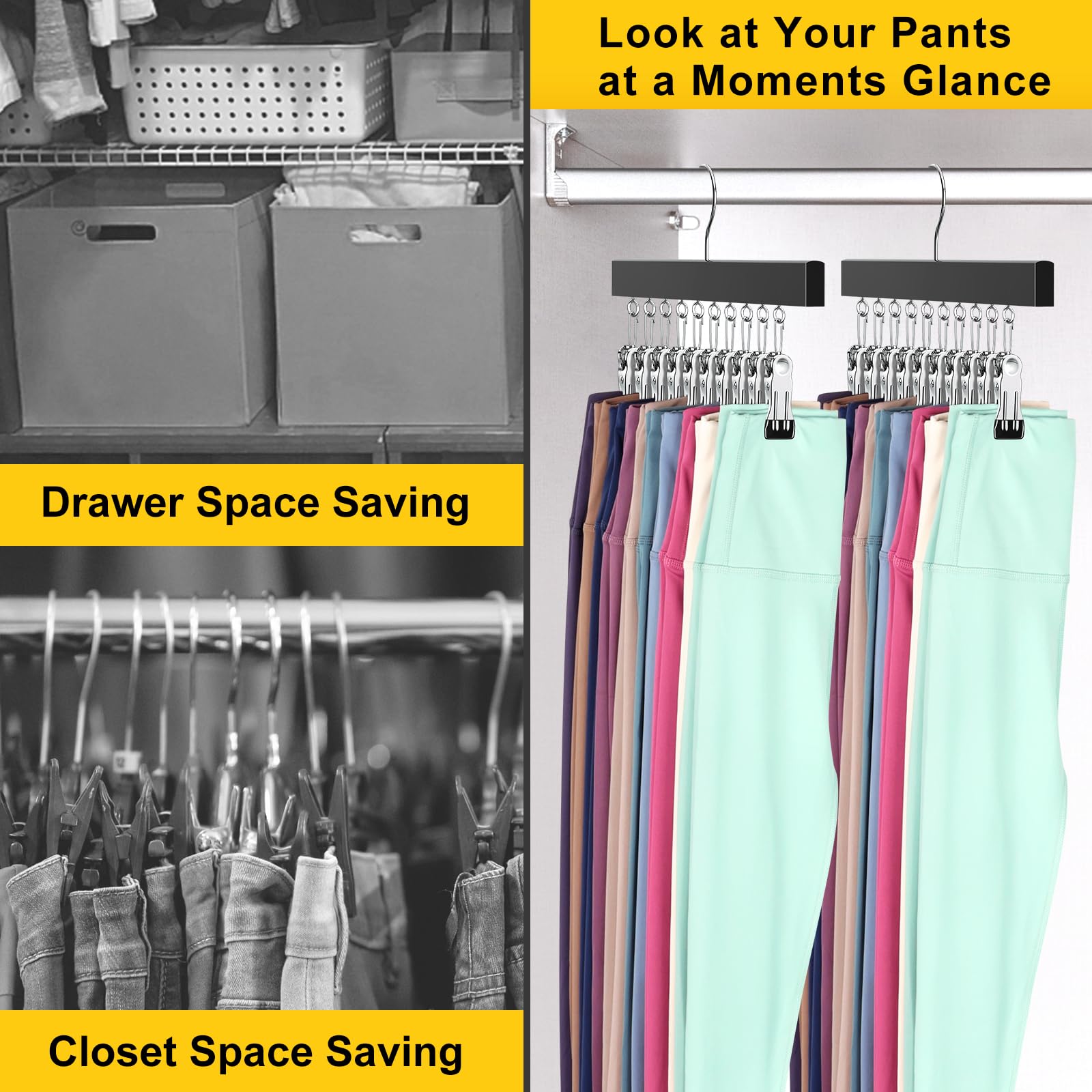 Legging Organizer for Closet, Pants Hangers with Clips Holds 20 Leggings, Jeans, Hats, Shorts, Socks, 360° Rotating Space Saving Hanging Lightweight Garment Hanger Storage 2Pcs