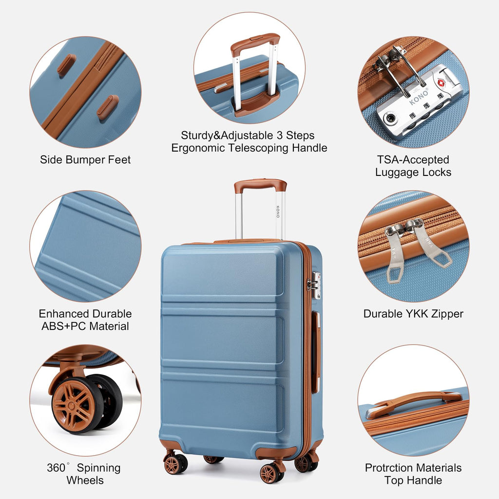 Kono Carry On Luggage Set Airline Approved Lightweight PC+ABS Carry On Suitcase with TSA Lock Spinner Wheels Durable Luggage Hardside Apricot Blue