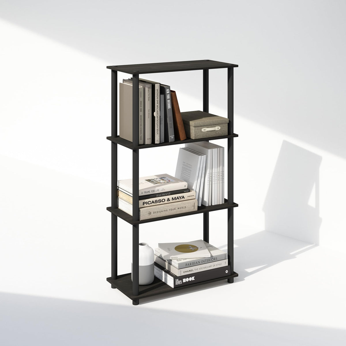 Furinno Turn-N-Tube Book Shelf, 4-Tier Bookshelf, Bookcase with Multipurpose Compact Display Rack, 11.6 x 23.6 x 43.2, for Living Room, Bedroom, Home Office, Americano/Black