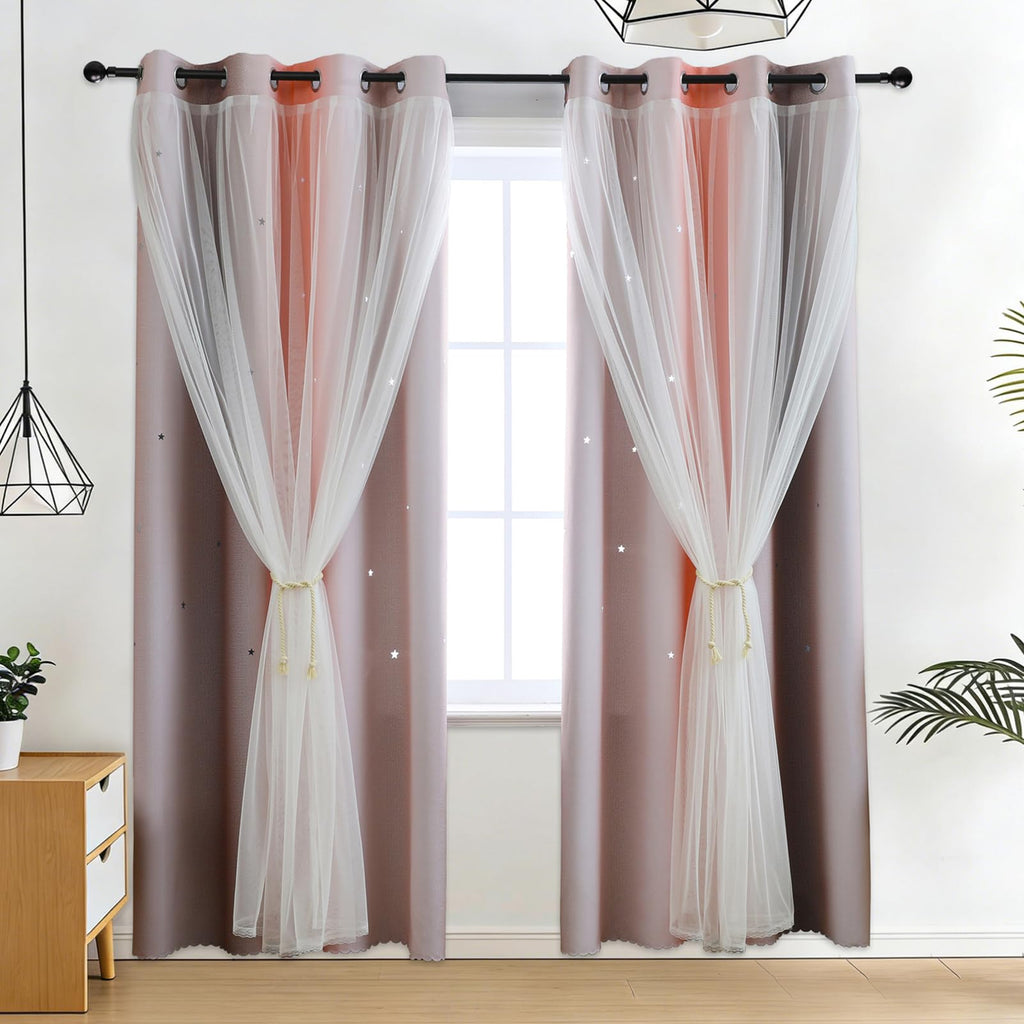 Anytime Star Cut-Out Blackout Curtains for Bedroom 2 Panels,2-Layers Mix Design of Fabric & Tulle,Pretty Pure Color Window Curtain for Kids Room(W35 x L45,LPink)
