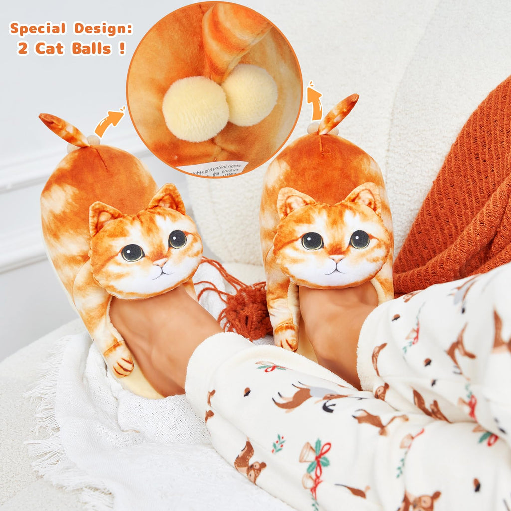 Funny Cat Slippers for Women,Fuzzy Animal Indoor House Shoes with Soft Memory Foam,Comfy Plush Warm Slip-on Slippers,Cat Gifts for Cat Lover