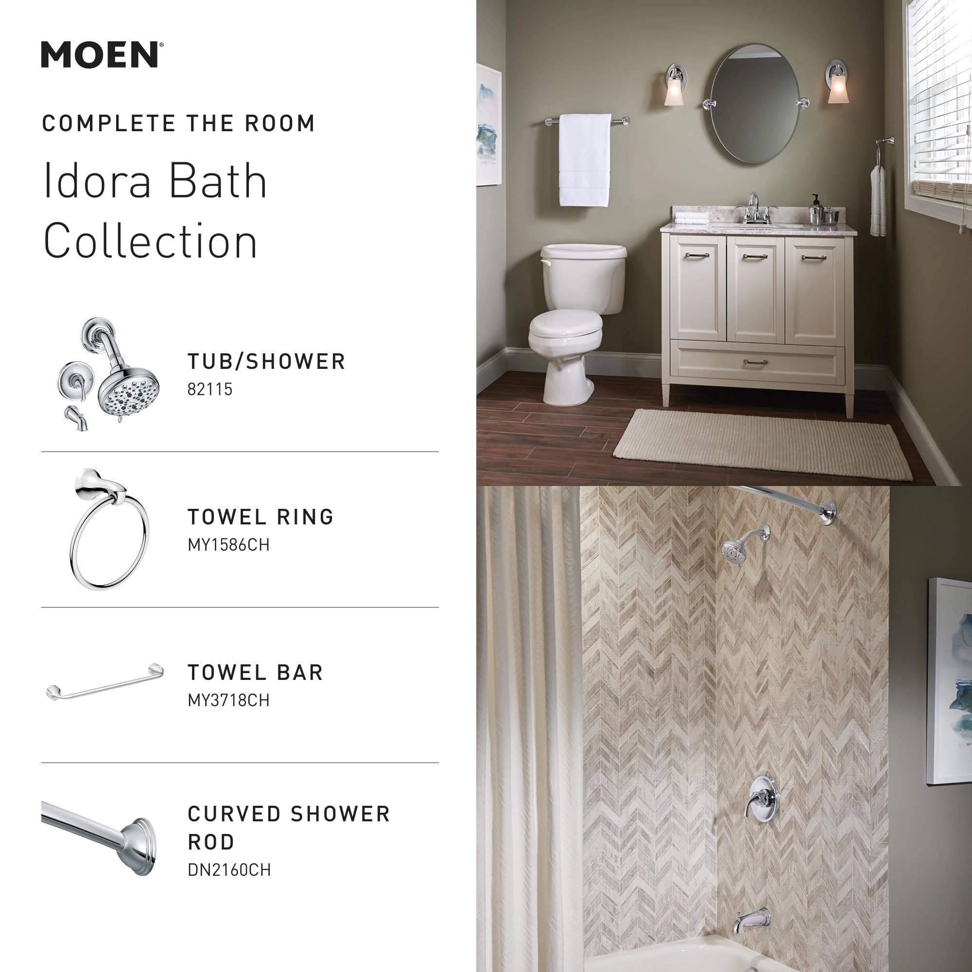Moen 82115 Idora Single-Handle Posi-Temp Tub and Shower Faucet with Valve Included, Chrome, Pressure-Balancing Shower System with Showerhead and IPS Tub Spout