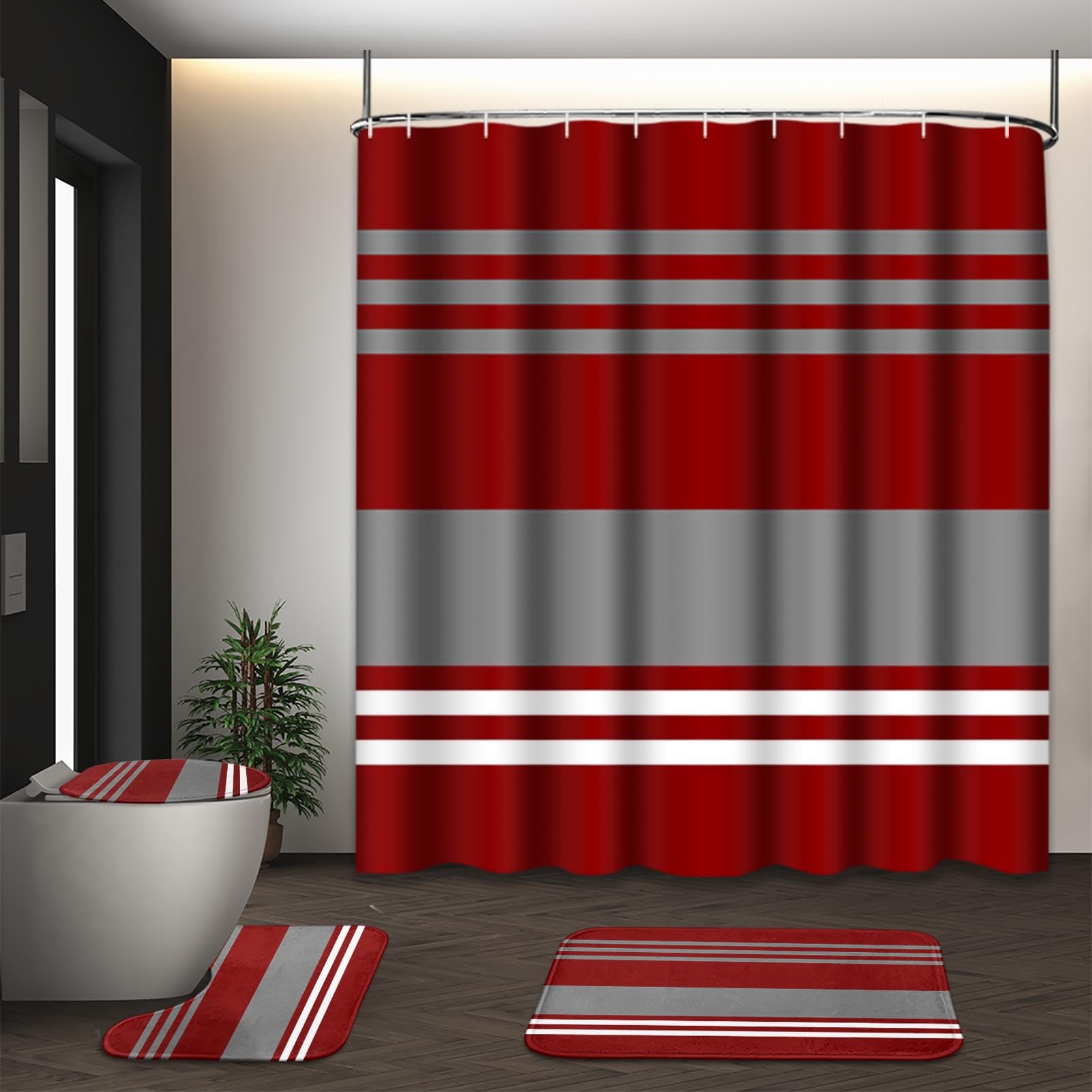 Beige Geometric Shower Curtain Set with Toilet Lid Cover and Non-Slip Rugs for Bathroom, Black Grey White Checkered 4 Pcs Shower Curtain, Modern Abstract Bathroom Set with 12 Hooks