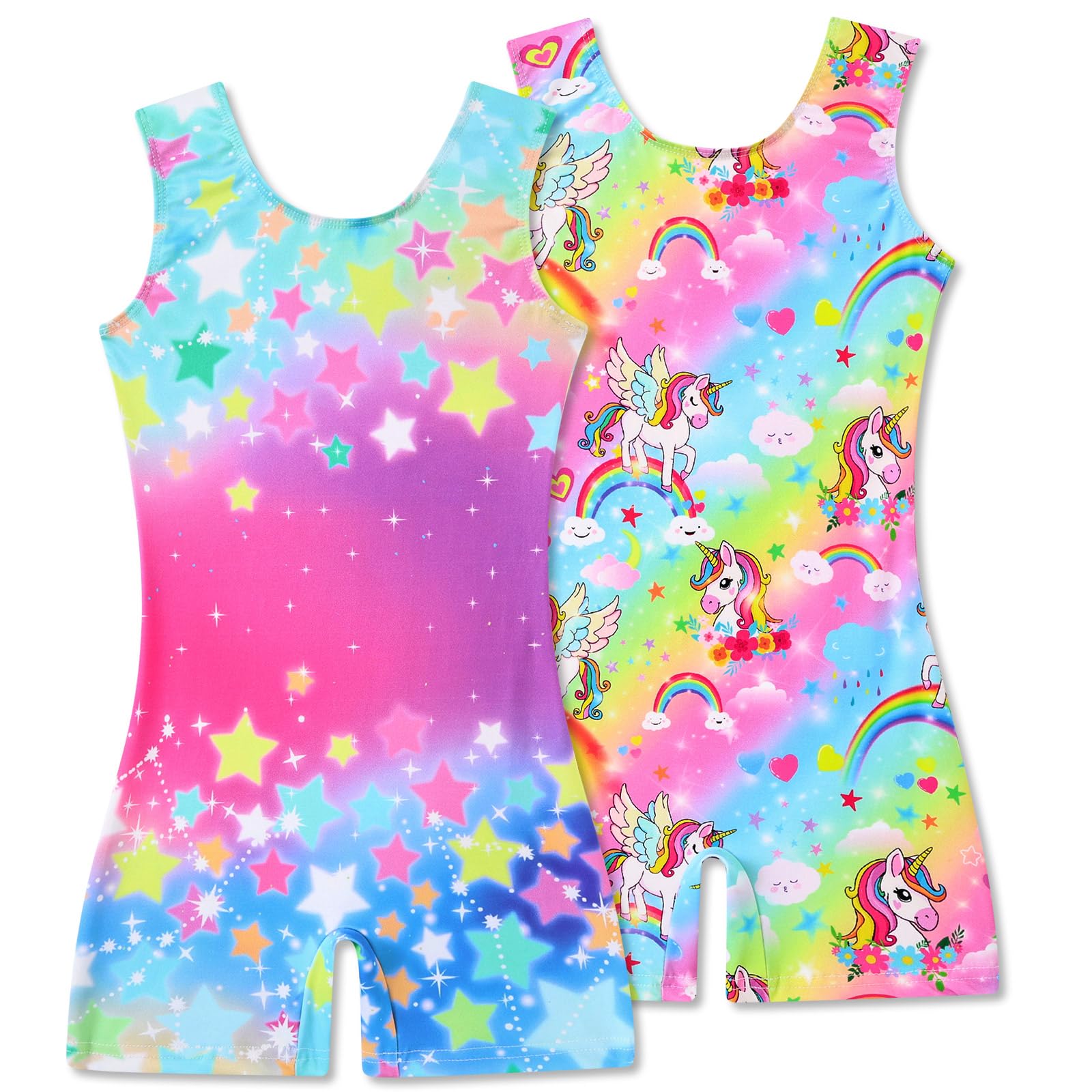2 Packs Gymnastics Leotards for Girls Mermaid Leopard Dance Leotard Kids Biketard with Shorts