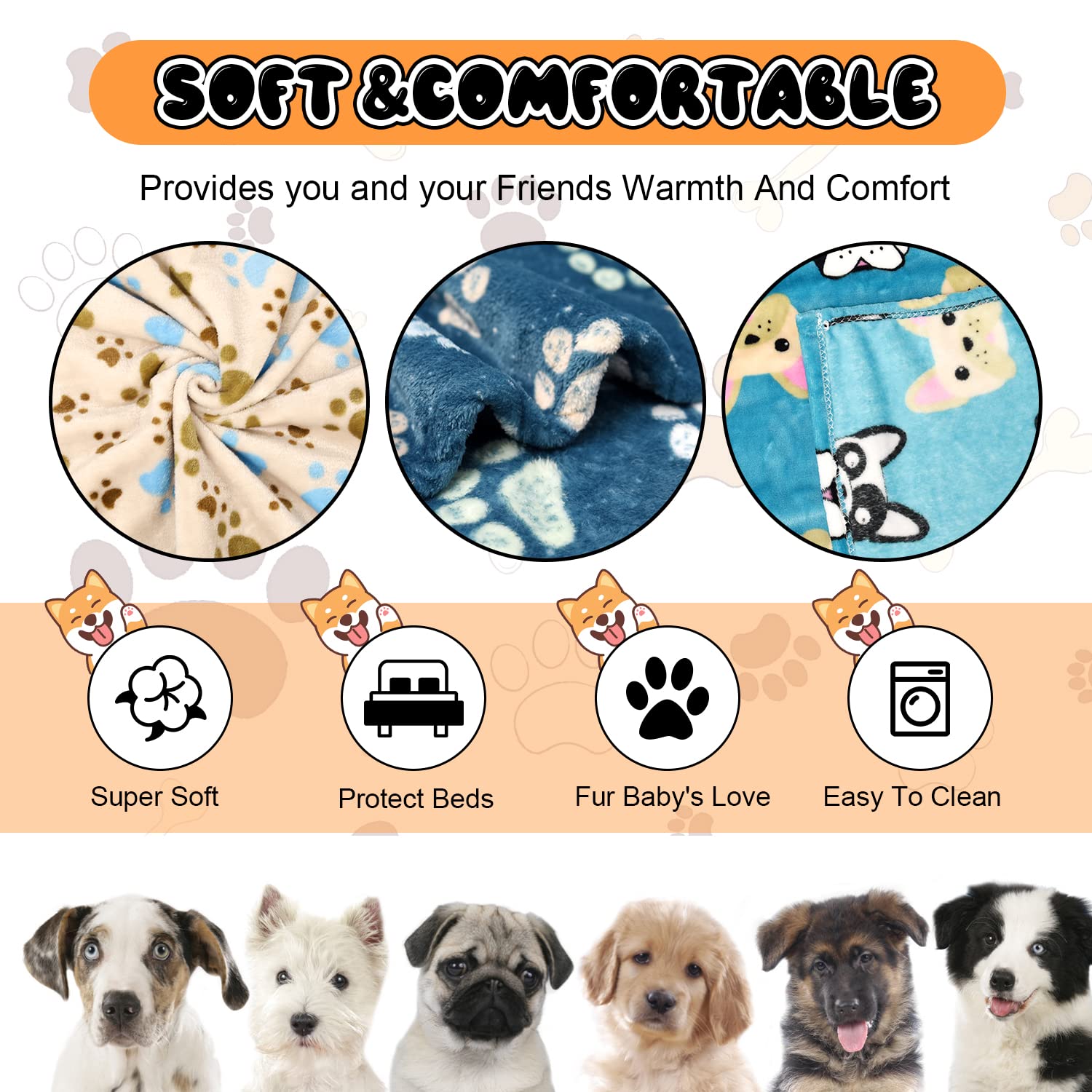 Rezutan 1 Pack 3 Dog Blanket for Large Dogs,41x31 inch for Medium Soft Fluffy Washable Pet Cat Blankets,Reversible Elephant & Paw Print for Dog Kennels & Beds, Sofas, Blue