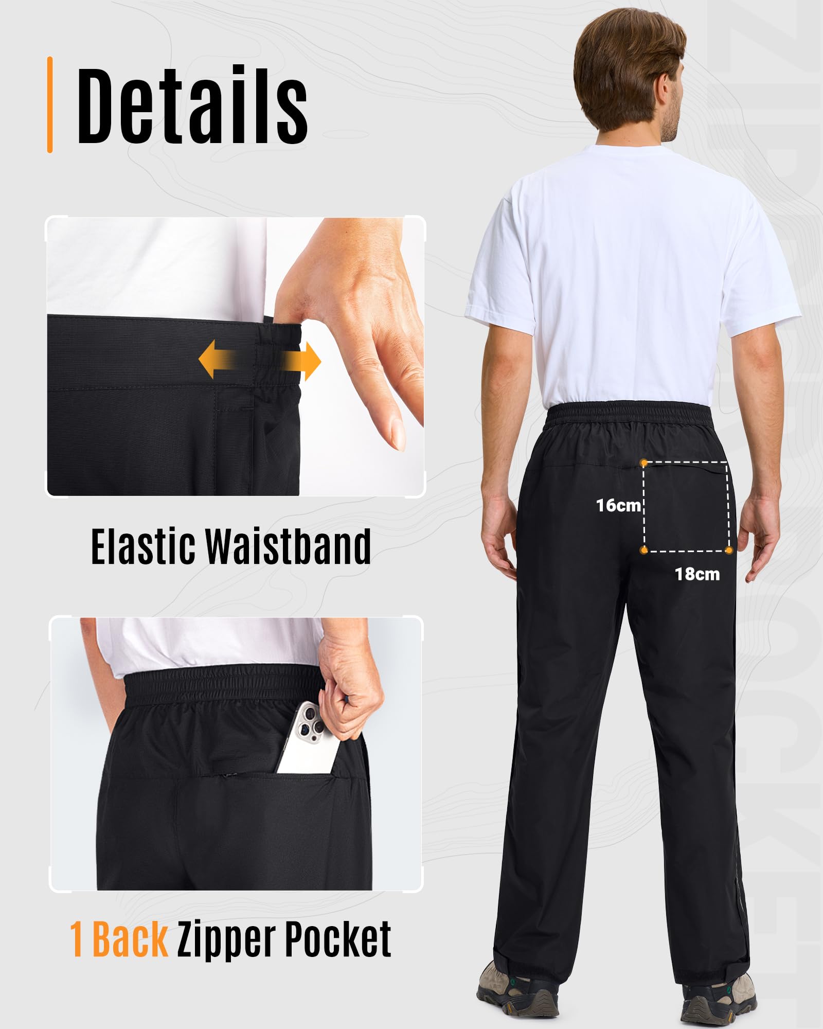 33,000ft Men's Rain Pants Full Zip Waterproof Pants Breathable Rain Over Trousers for Outdoor Hiking Golf Work