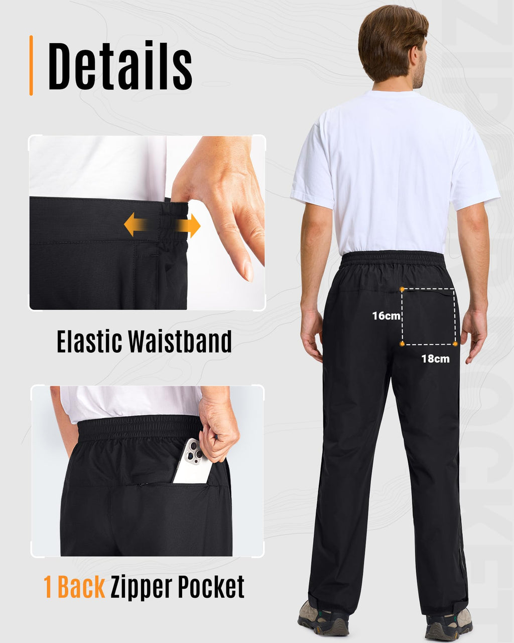 33,000ft Men's Rain Pants Full Zip Waterproof Pants Breathable Rain Over Trousers for Outdoor Hiking Golf Work