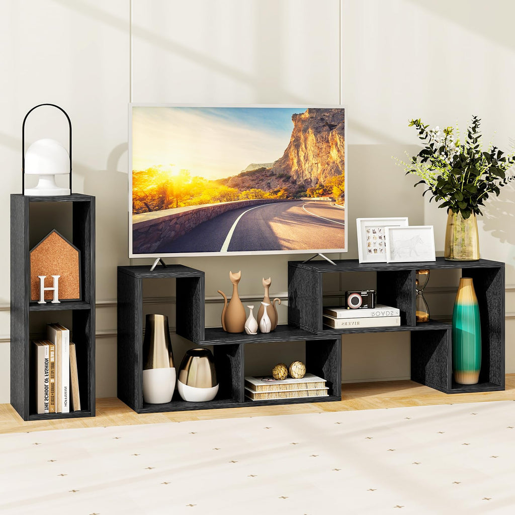 Tangkula 3 Pieces Console TV Stand, Free-Combination Entertainment Center for 50 55 60 65 Inch TV, Minimalist Modern TV Media Stand, DIY Open Storage Bookcase Shelf for Living Room (Black)