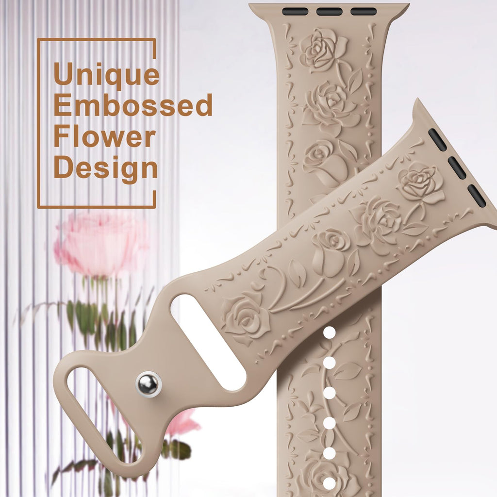 Floral Engraved Band Compatible with Apple Watch Band 40mm 41mm 38mm 42mm 44mm 45mm 46mm 49mm Women, Soft Silicone Cute Embossed Flower Strap for iWatch Band Series SE Ultra 11 10 9 8 7 6 5 4 3 2 1