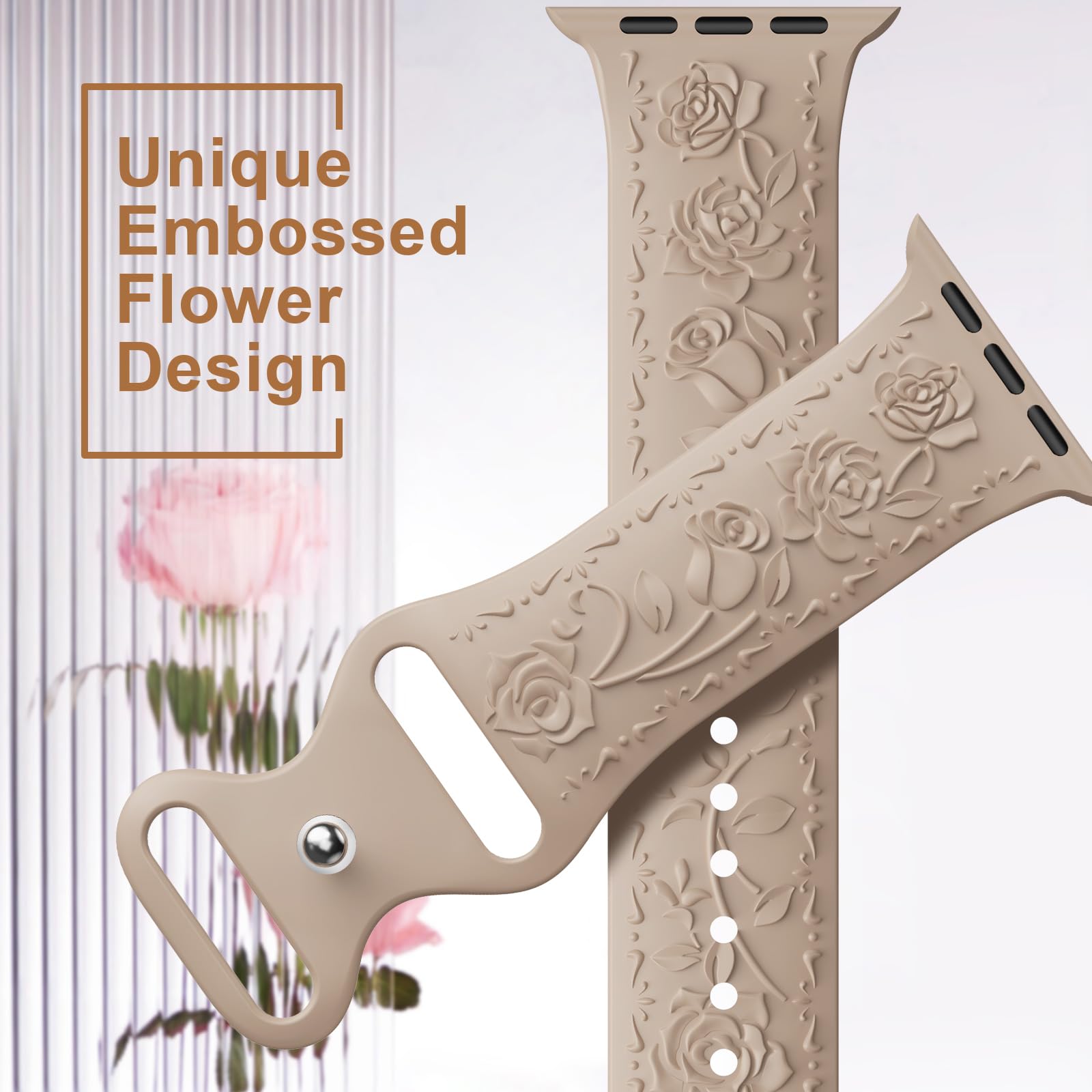 Floral Engraved Band Compatible with Apple Watch Band 40mm 41mm 38mm 42mm 44mm 45mm 46mm 49mm Women, Soft Silicone Cute Embossed Flower Strap for iWatch Band Series SE Ultra 11 10 9 8 7 6 5 4 3 2 1