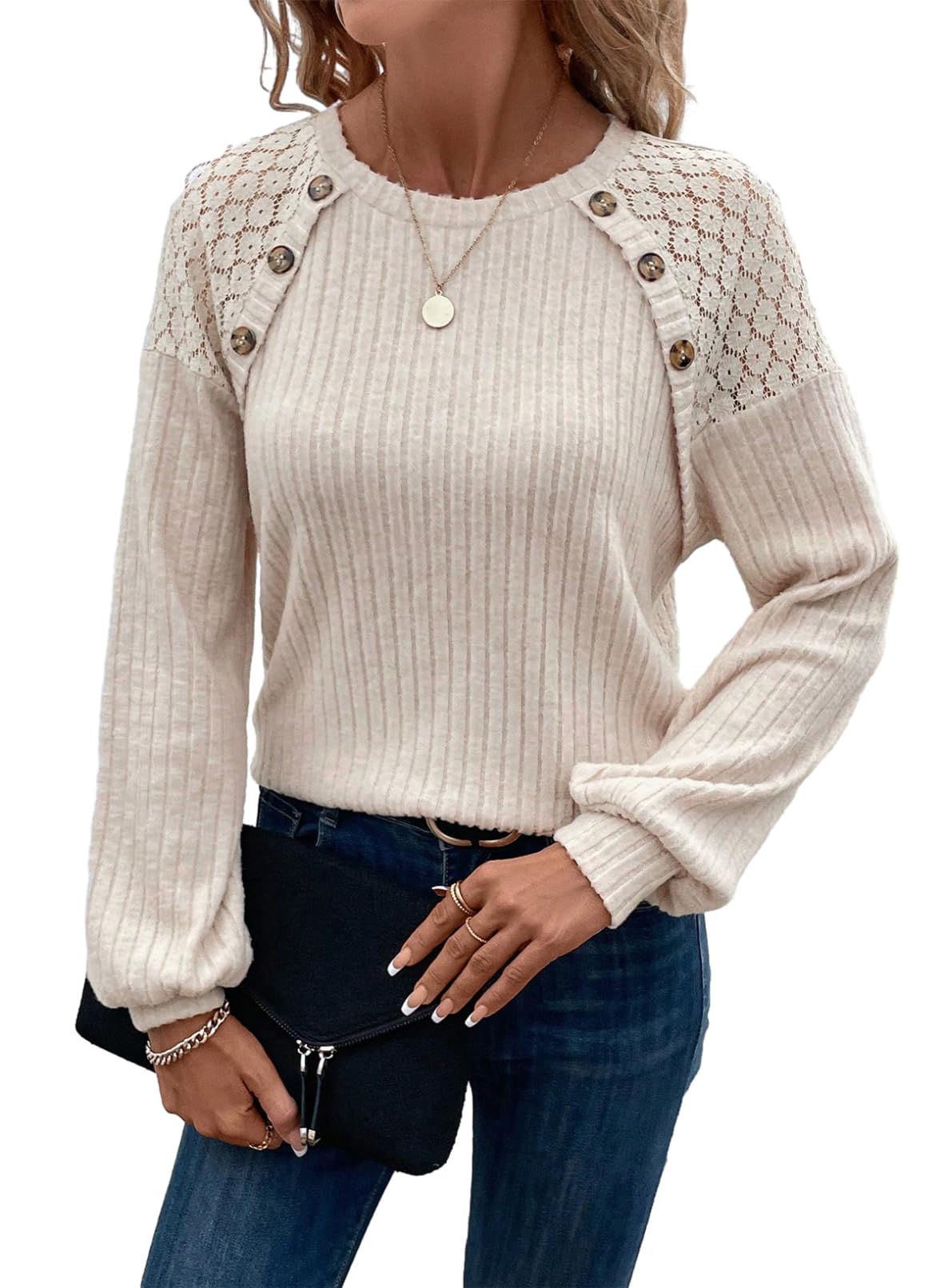 Acelitt Womens Fall Long Sleeve Tunic Tops Casual Crew Neck Dressy Shirt Lace Patchwork Blouses Pullover Sweaters