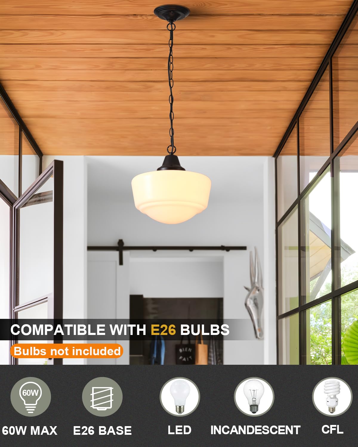 Schoolhouse Light Fixture, 12 Inch Black Finish with Milk Glass Semi Flush Mount Ceiling Light, Ceiling Light Fixture for Kitchen Hallway Entryway (Type C Pendant Light)