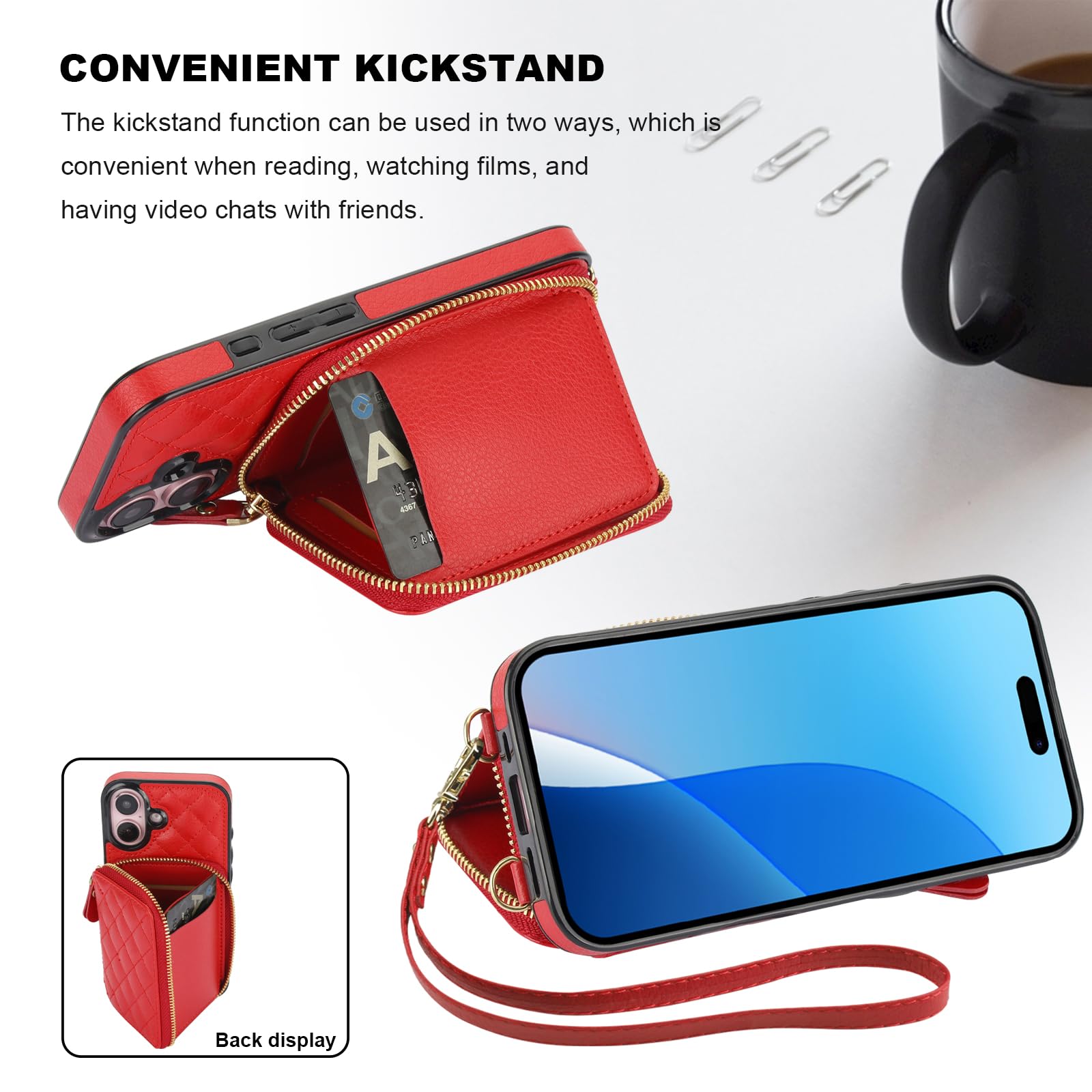 Bocasal Crossbody Wallet Case for iPhone 16, RFID Blocking PU Leather Zipper Handbag Purse Flip Cover, Kickstand Folio Case with Card Slots Holder Wrist Strap Lanyard 5G 6.1 Inch (Black)