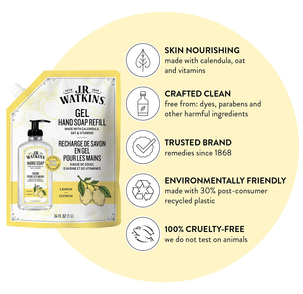 J.R. Watkins Gel Hand Soap Refill, Moisturizing Hand Wash, Formulated with Plant-Based Cleansers, Alcohol-Free, Cruelty-Free, Aloe & Green Tea, 34 Fl Oz, 2 Pack