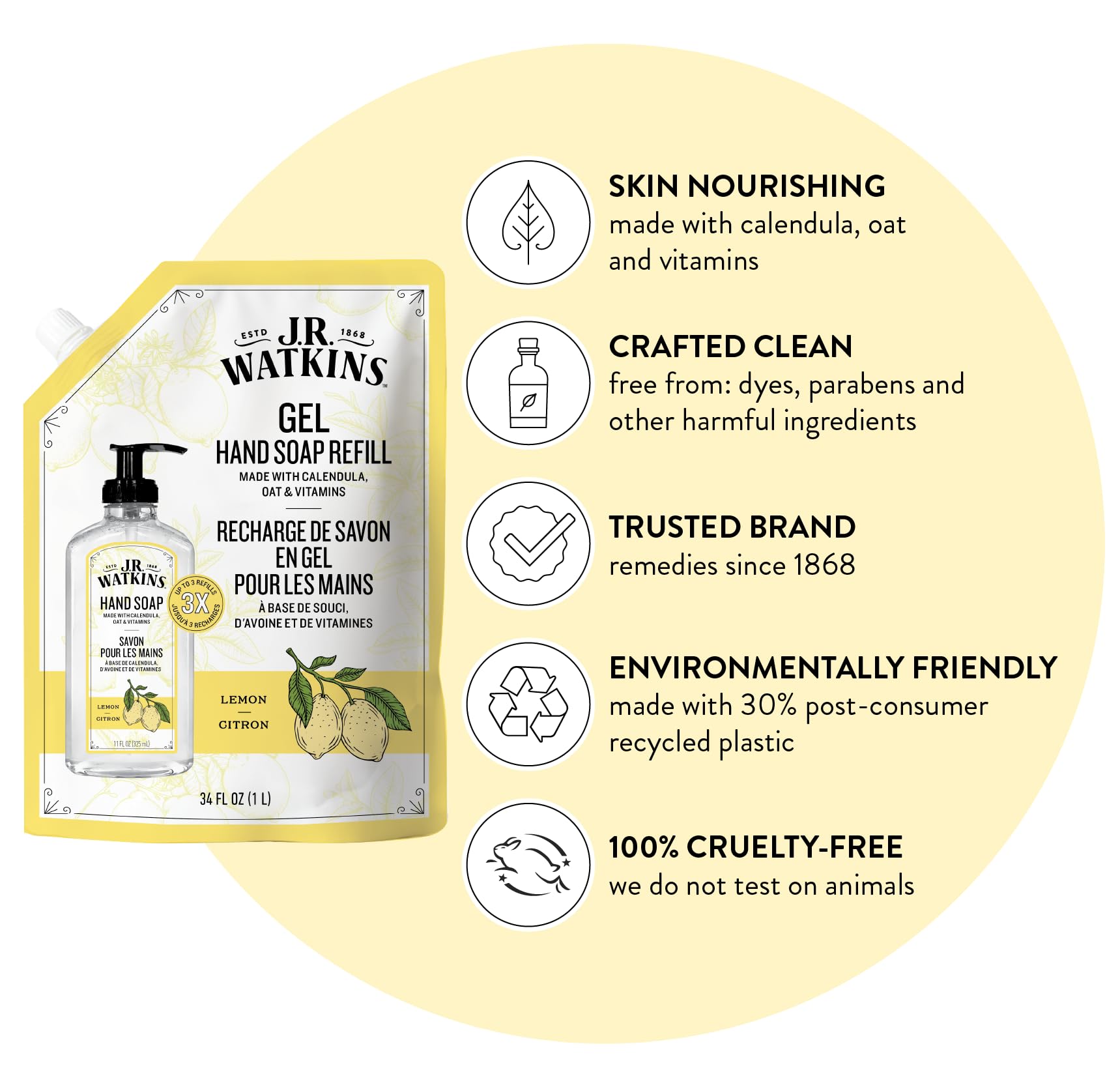 J.R. Watkins Gel Hand Soap Refill, Moisturizing Hand Wash, Formulated with Plant-Based Cleansers, Alcohol-Free, Cruelty-Free, Aloe & Green Tea, 34 Fl Oz, 2 Pack