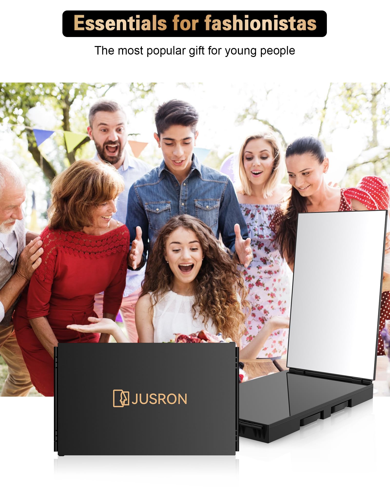 JUSRON 360 Viewing Angle Self Hair Cutting Mirror, Clear Anti-Fog HD Glass, USB Rechargeable, Easy to Use, Height Adjustable, Portable, Good Choice for Gifts