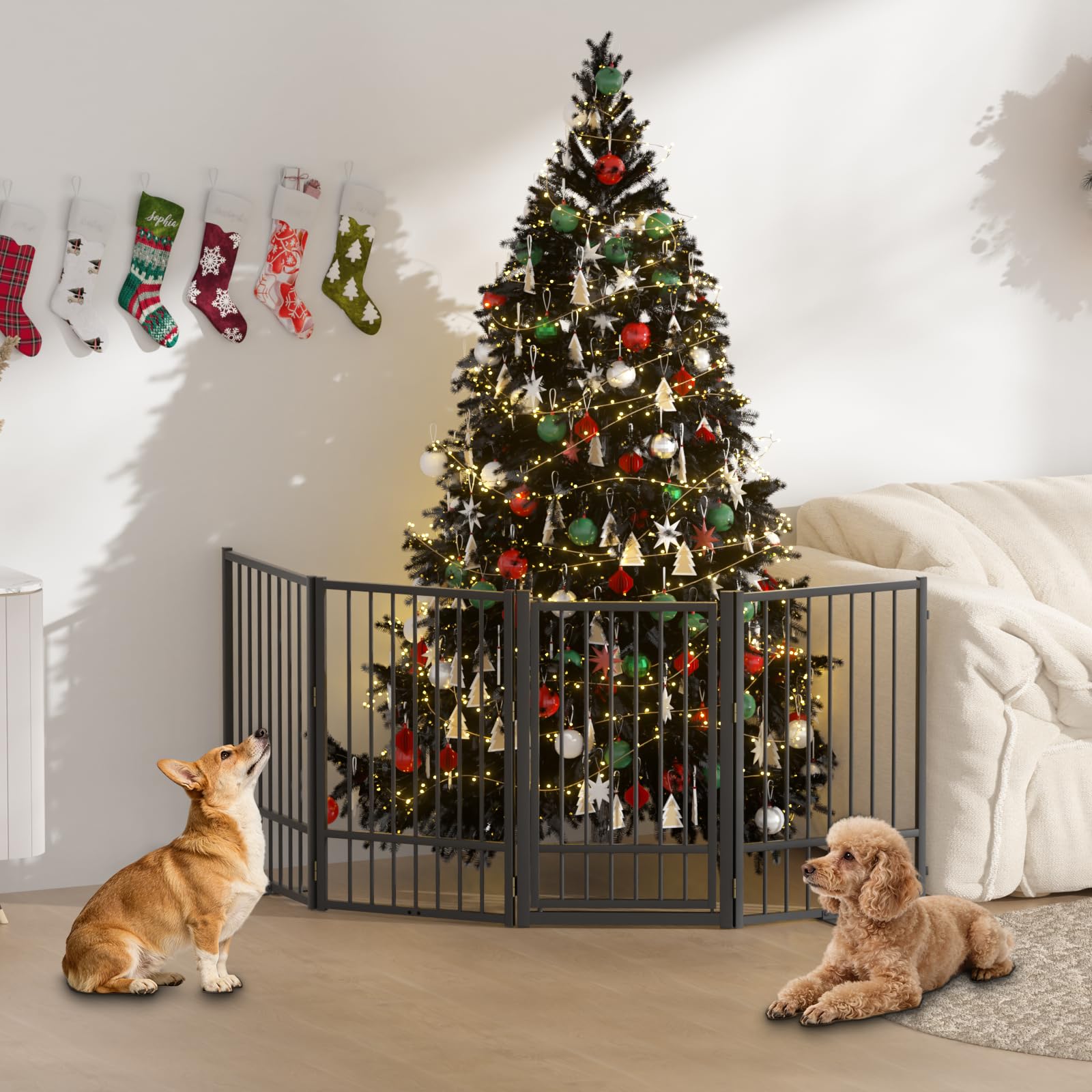 SNUOWU Full Metal Freestanding Dog Gate with Door, 24'' Height Foldable Pet Dog Fence for Indoor & Outdoor, 2 Panels Extra Wide Free Standing SmallDog Gates for Doorways,House,Stairs,Porch,Deck,Yard