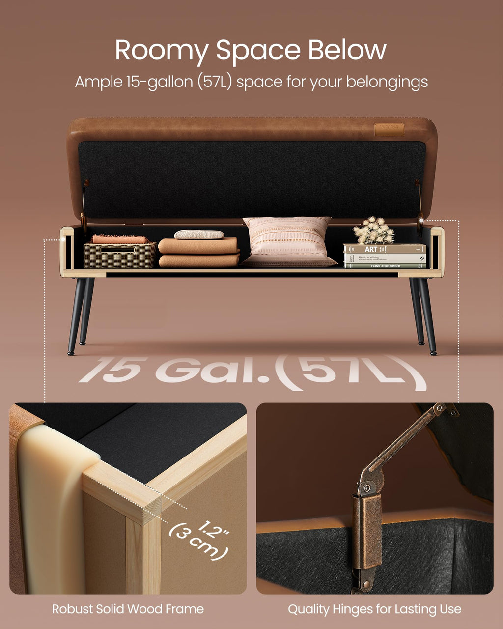 VASAGLE EKHO Collection - Storage Ottoman Bench, Entryway Bedroom Bench, 15 Gallons, Synthetic Leather with Stitching, Mid-Century Modern, Safety Hinges, Loads 660 lb, Caramel Brown ULOM074K01