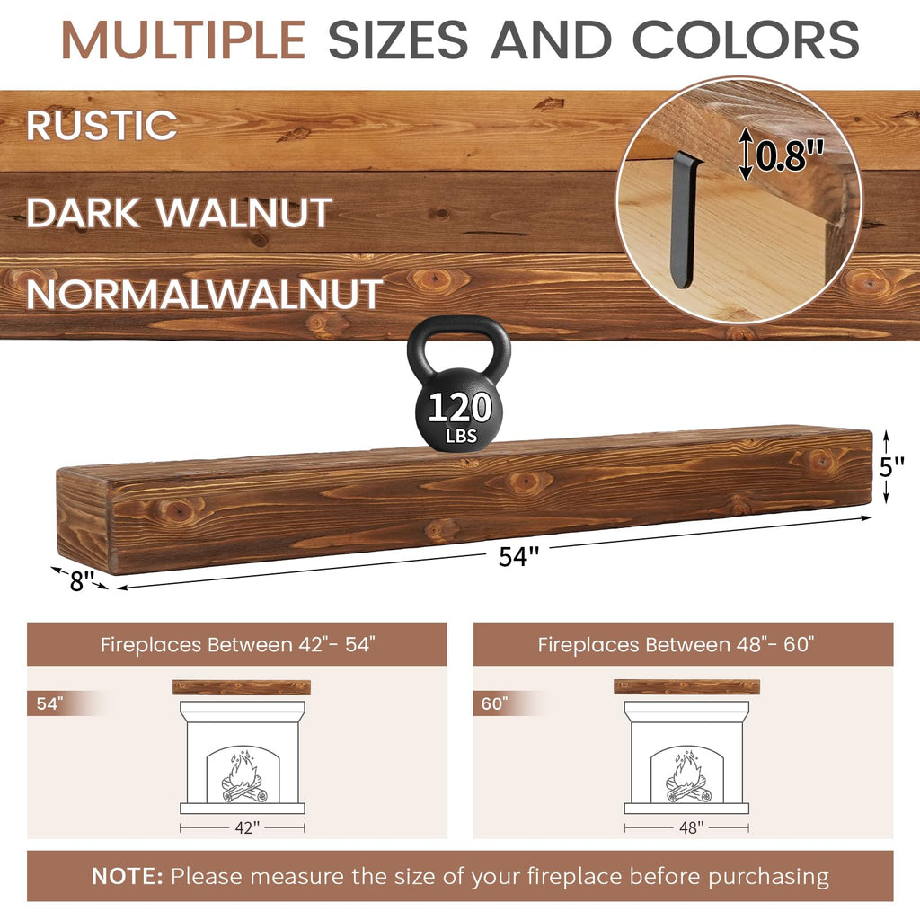 G GOOD GAIN Fireplace Mantel 54inch - Handmade Rustic Wood Mantel for Over Fireplace | Wall Mounted Floating Mantle Shelves for Living Room Decor(Chocolate, 54Lx5Hx8D)