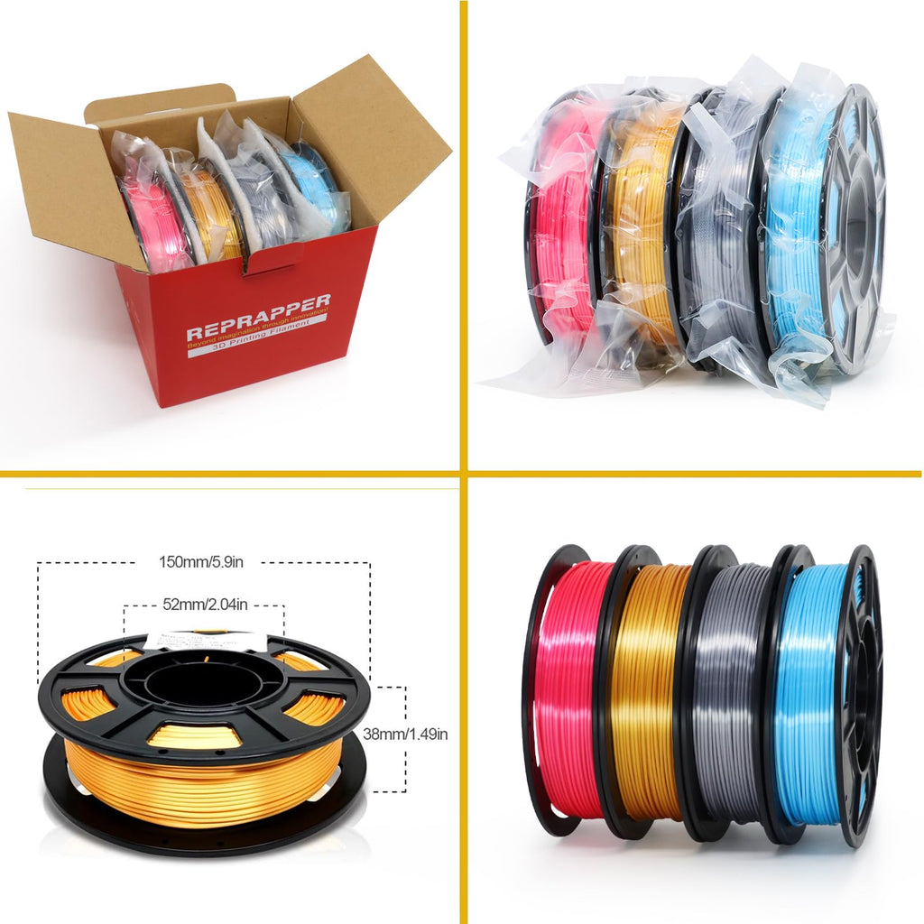 RepRapper PLA Filament, Multicolor Glitter Sample Pack, Shiny Galaxy Silk PLA1.75MM for 3D Printer, Glow in The Dark Sparkle Laser Series 3D Printer Filament, 250g*4