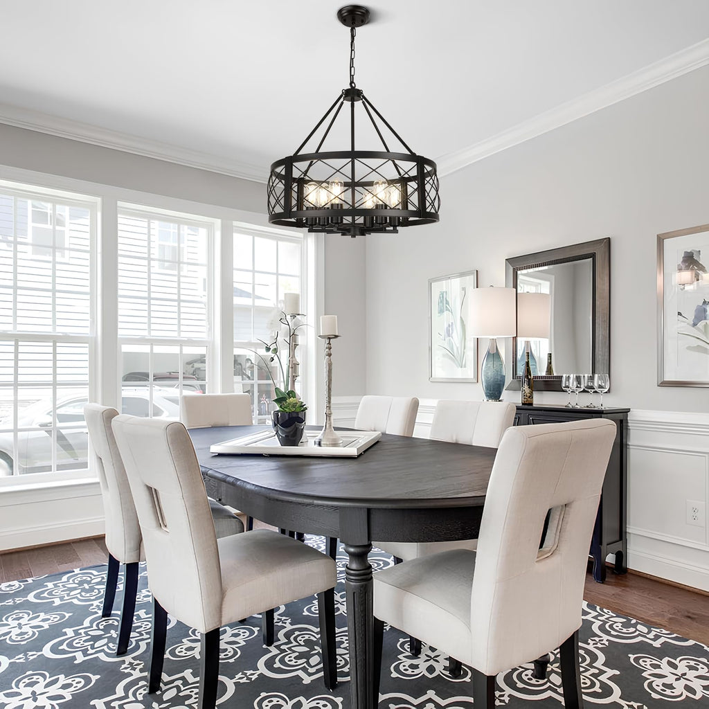 Modern Chandelier for Dining Room, 6-Light Wood Grain Finish Farmhouse Chandelier, 22.5” Rustic Drum Hanging Light Kitchen Island, Round Metal Hanging Light Fixture for Foyer, Entryway, Bedroom
