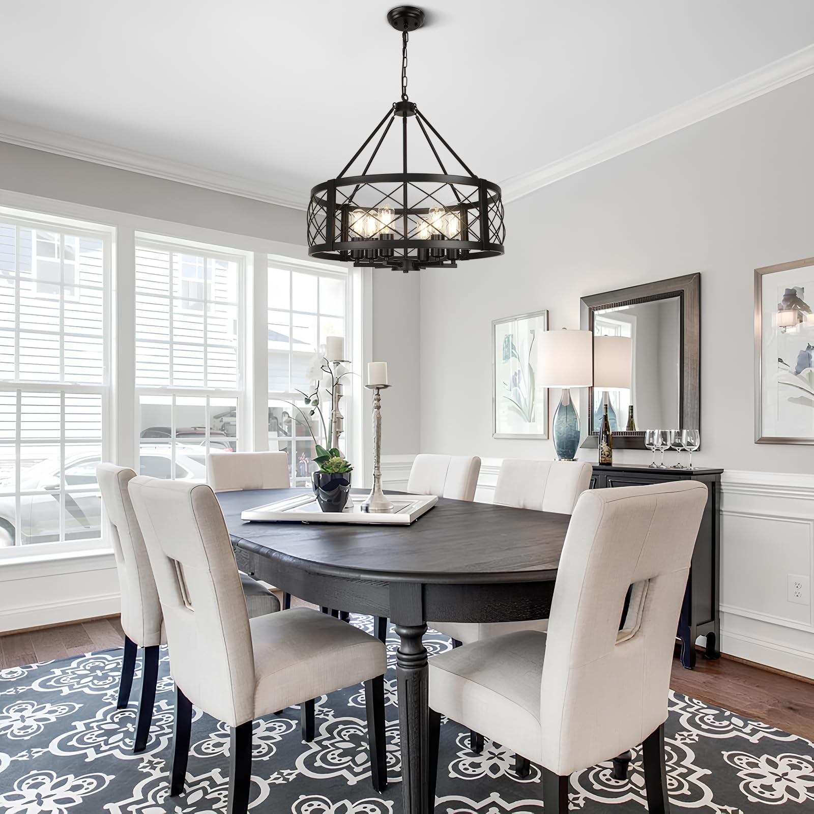 Modern Chandelier for Dining Room, 6-Light Wood Grain Finish Farmhouse Chandelier, 22.5” Rustic Drum Hanging Light Kitchen Island, Round Metal Hanging Light Fixture for Foyer, Entryway, Bedroom