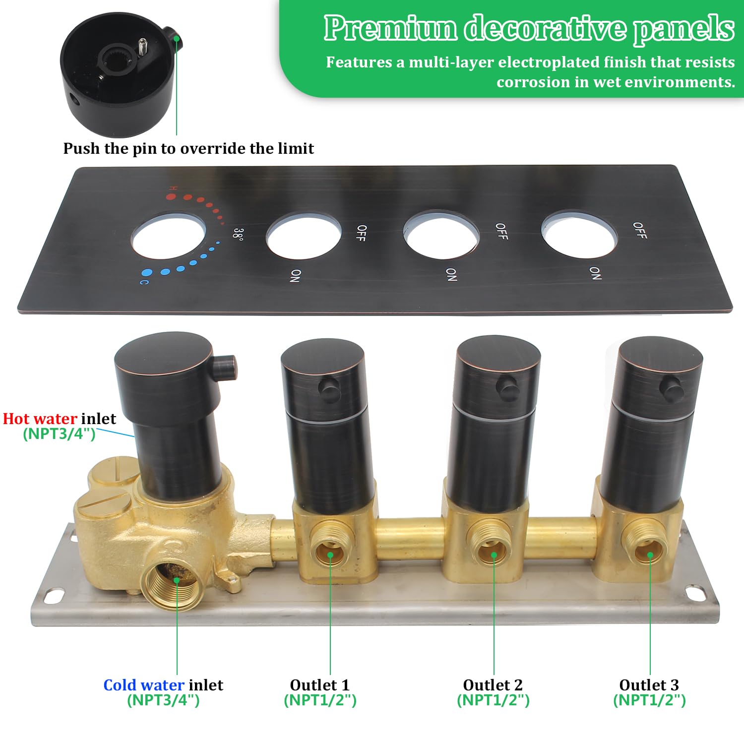 HOMEDEC 2 Way Shower Diverter Valve Brass Dual Functions Thermostatic Shower Mixing Valve Kit 3 Handle Flow Control Valve, 3/4 Inch Inlet, Can Use All Options At a Time, Matte Black