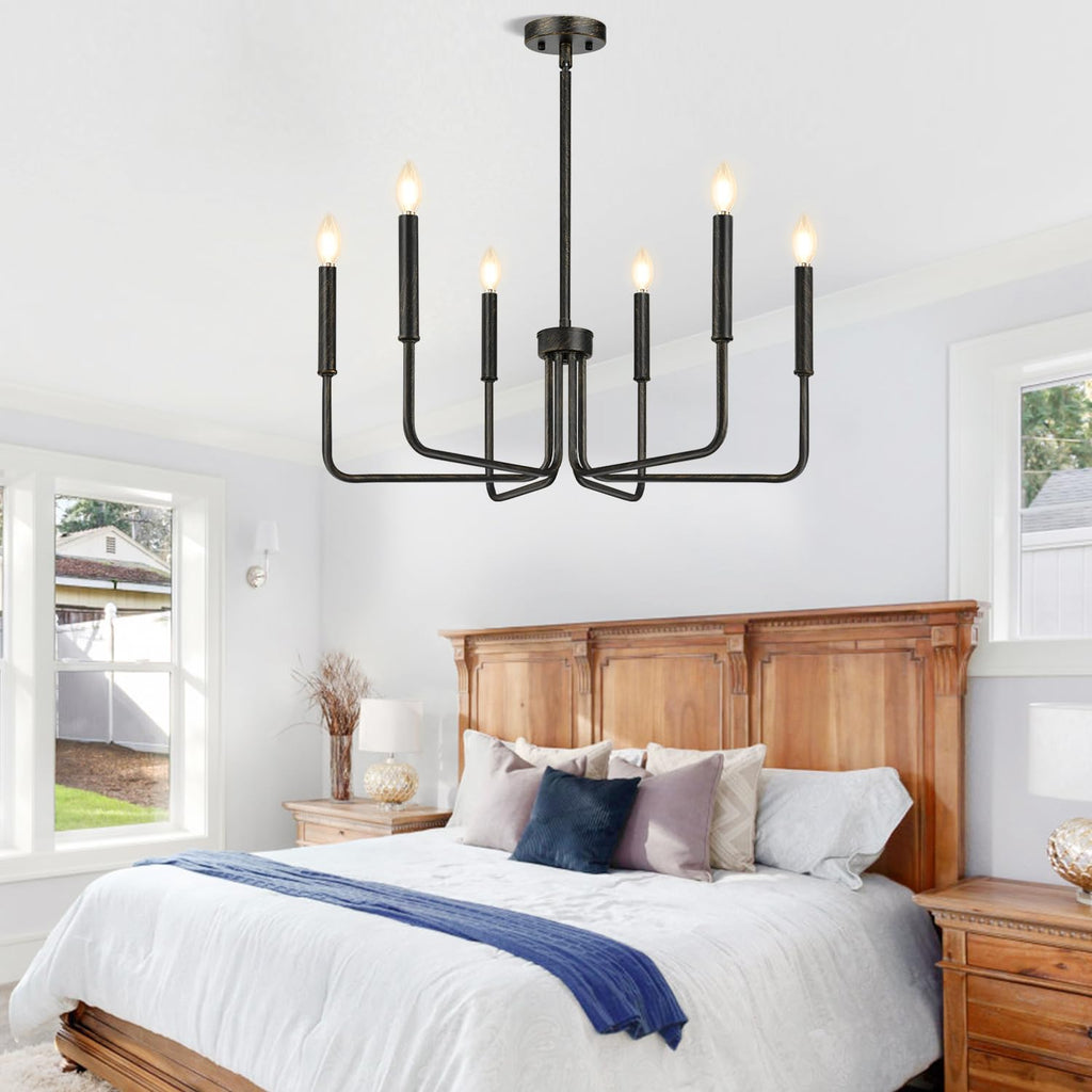 Rustic Black Chandelier, 6-Light Antique Farmhouse Chandelier for Dining Room Lighting Fixtures, Vintage Candle Pendant Light Fixtures Chandeliers for Dining Room Bedroom, Foyer and Living Room