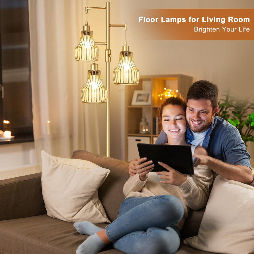 Ziisee Dimmable Floor Lamps for Living Room, Industrial Tree Standing Tall Lamps with 3 Elegant Cage Shade & 800 Lumens LED Bulbs for Bedroom Office - Brown