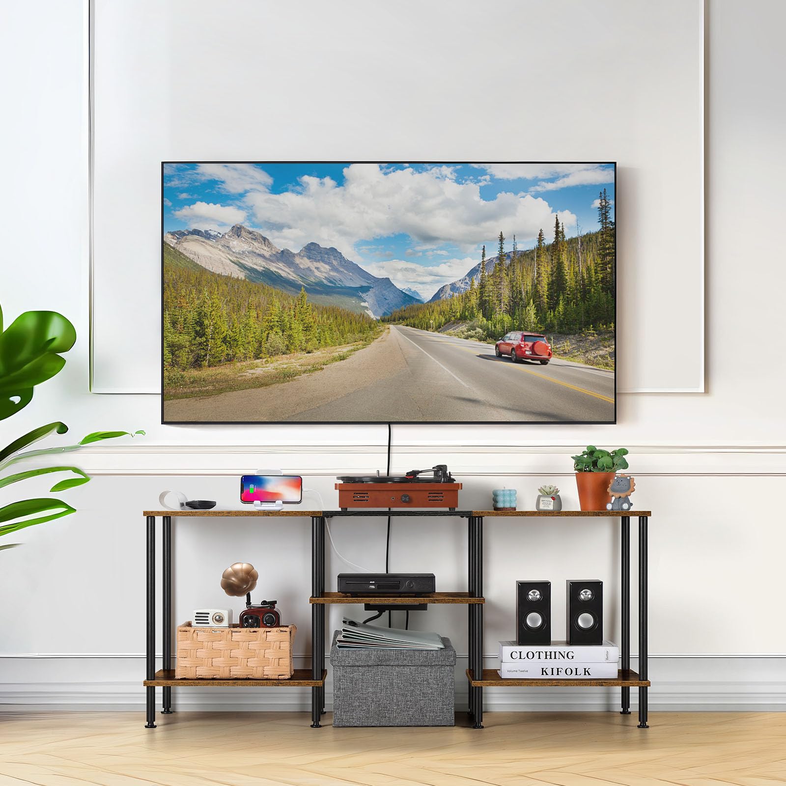 OYEAL Black Bedroom TV Stand with Power Outlets up to 50 inch TV, Small Entertainment Center Stand with Storage Modern Media TV Console Table for Living Room Bedroom