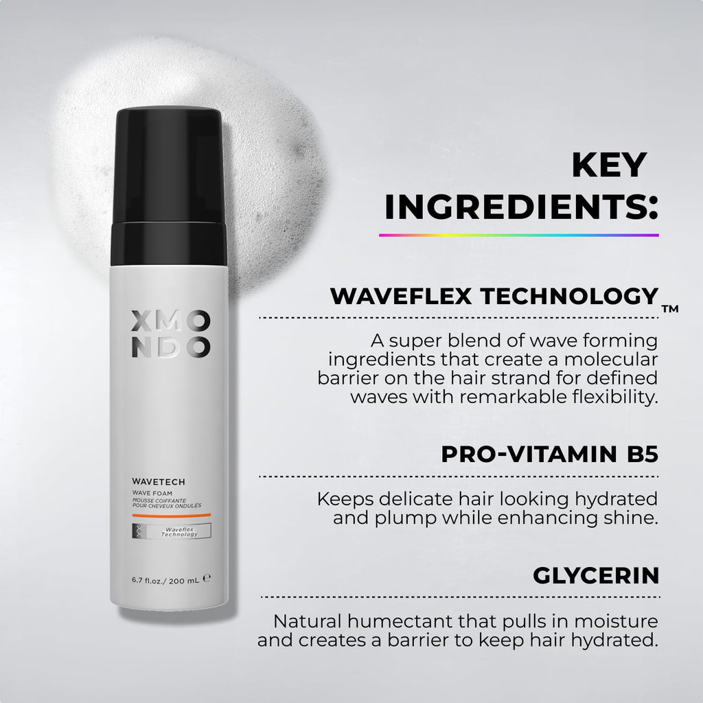 XMONDO Hair Wavetech Extra Hold Wave Foam - Vegan Formula with Pro-Vitamin B5 and Anti-Frizz Nutrients to Fight Static, Control Frizz, and Enhance Your Wavy Hair, 6.7 Fl Oz, 1-Pack
