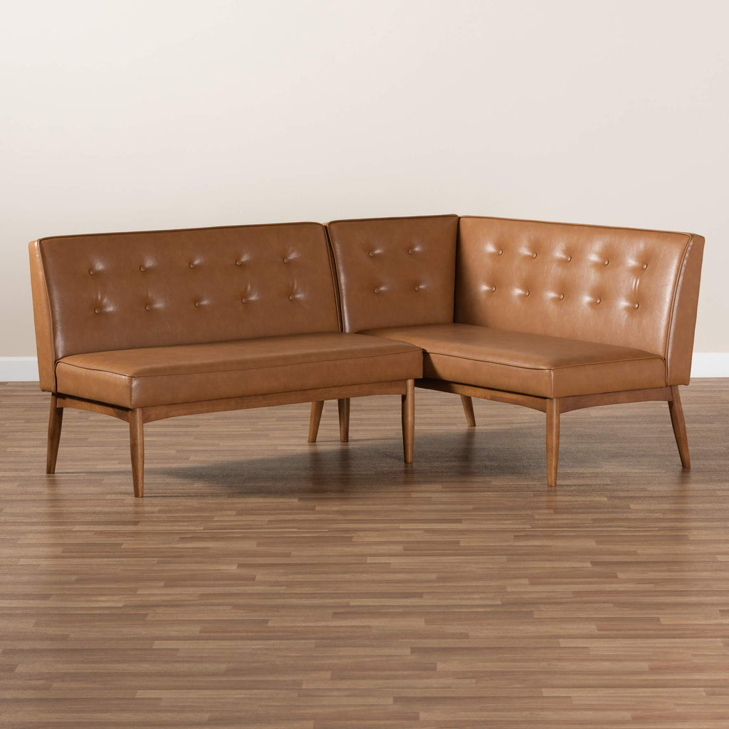 Baxton Studio Arvid Mid-Century Modern Dark Brown Faux Leather Upholstered 2-Piece Wood Dining Corner Sofa Bench