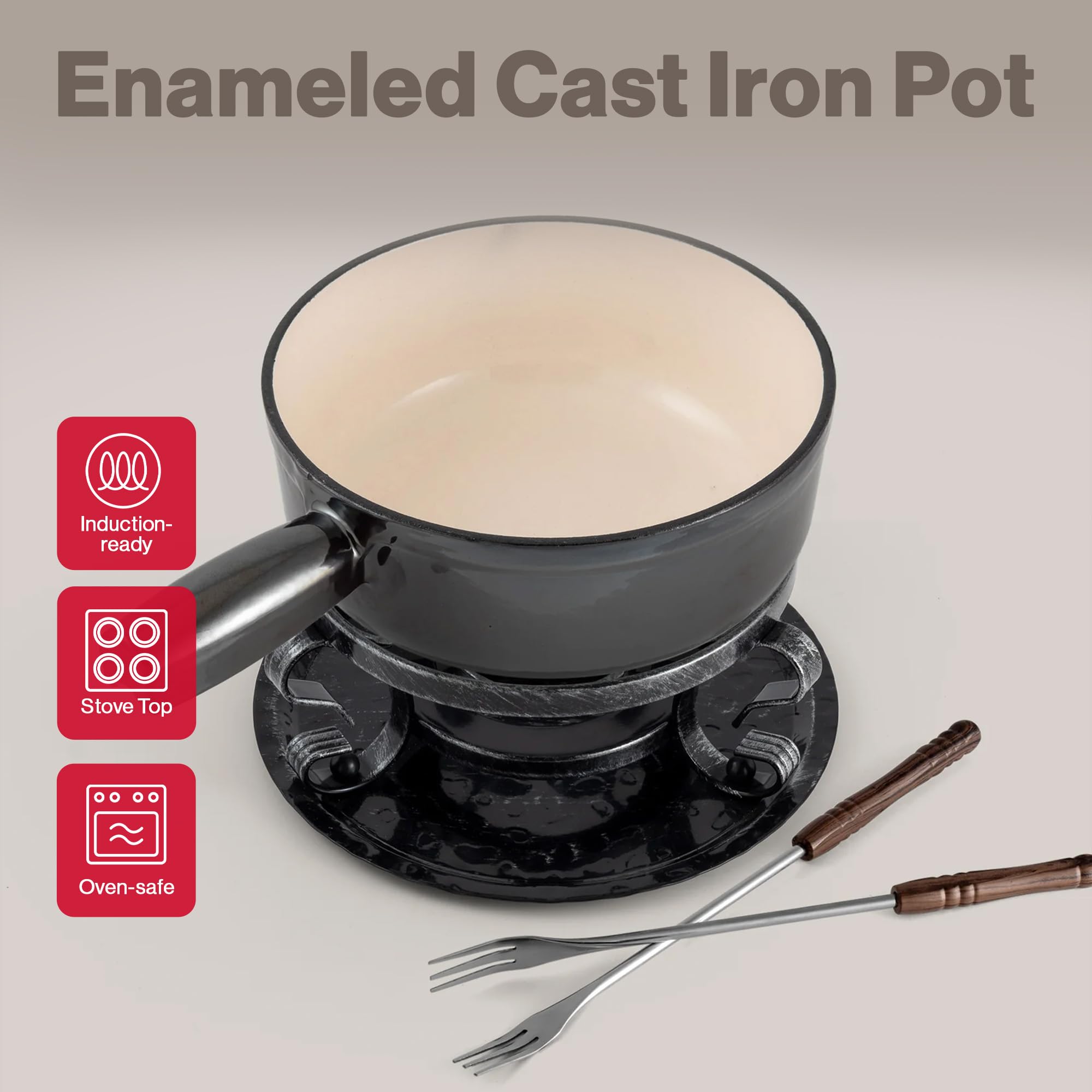 Swissmar Lugano Cast Iron Cheese Fondue Set, 9-Piece, 2 QT / 2 L - Ideal for Melting Cheese, Chocolates, Caramel, & More - Perfect for Kitchen Collection & Gift Giving - Matte Black